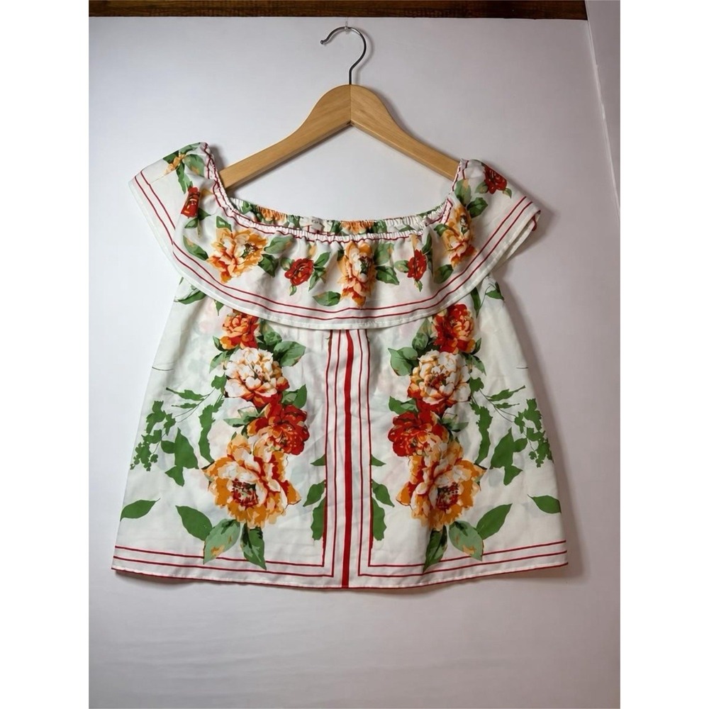 E&M Blouse Womens Large White Red Floral Size Medium